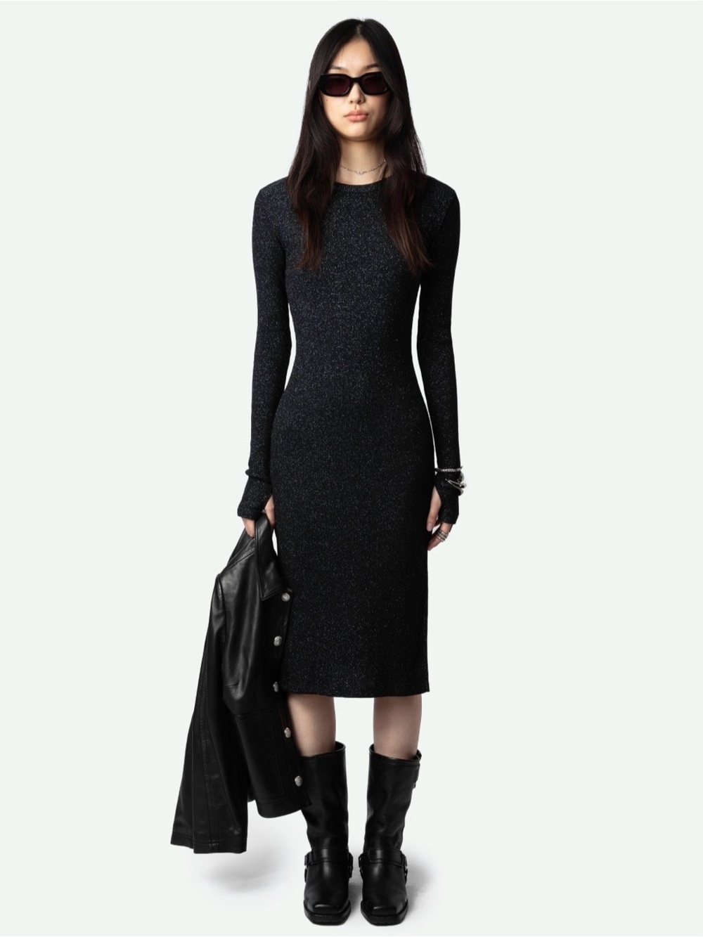 Zadig & Voltaire Black Ruby Sparkle Long-Sleeve Midi Dress NWT Size Small